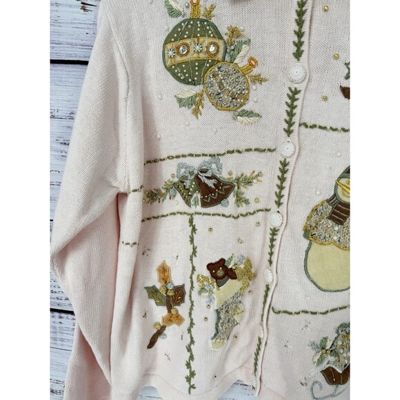Vintage Ugly Christmas Sweater Women's XL Pink Winter Holiday Beaded Cardigan - Picture 3 of 5